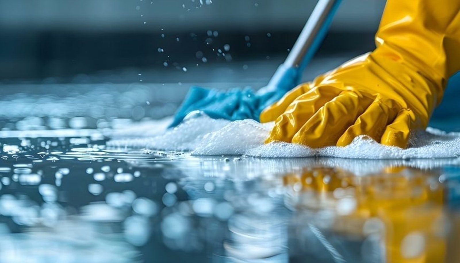 Close-up of gloved hands scrubbing a floor