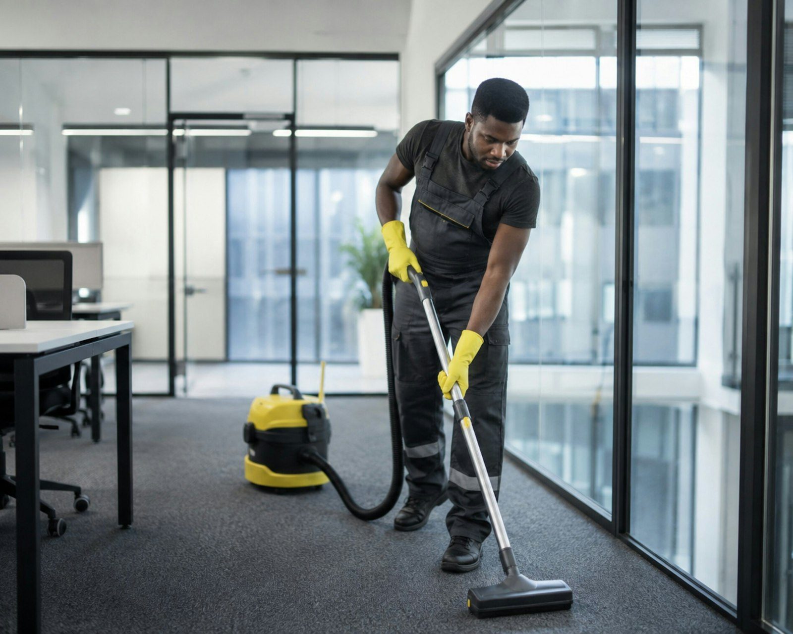 Professional cleaner vacuuming a carpeted office